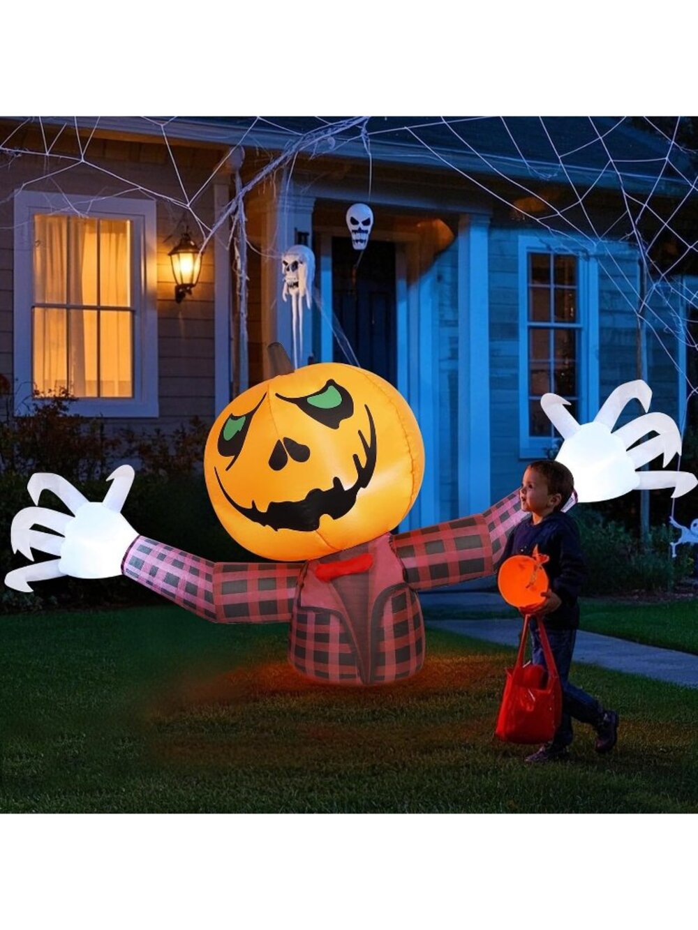 🎃7FT Long Halloween Inflatable Giant Pumpkin Ghost Blow Up Yard Outdoor Decor